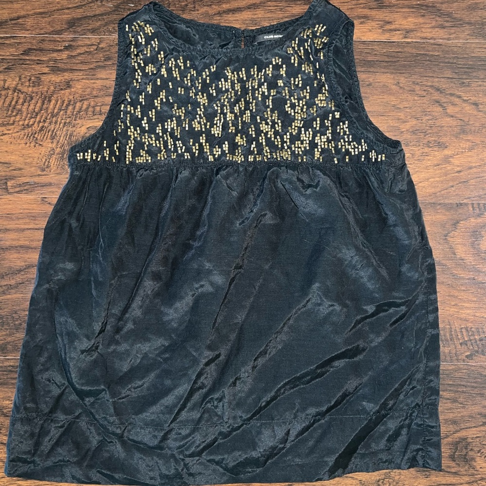 Club Monaco Black Silk Cotton Gold Beaded Sleeveless Tank Top Blouse 0 $240
